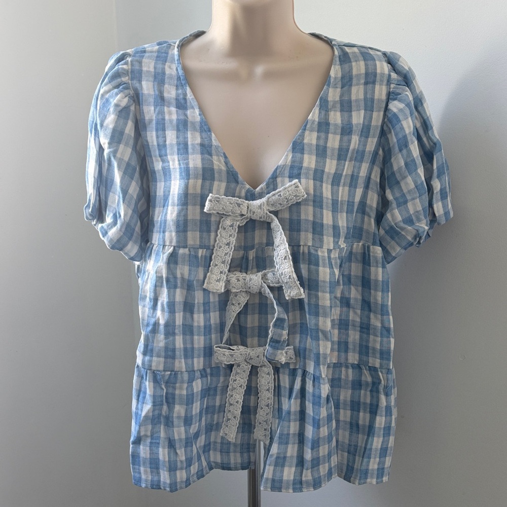 Fantastic Fawn Blue and White Gingham Lace-Tie Blouse